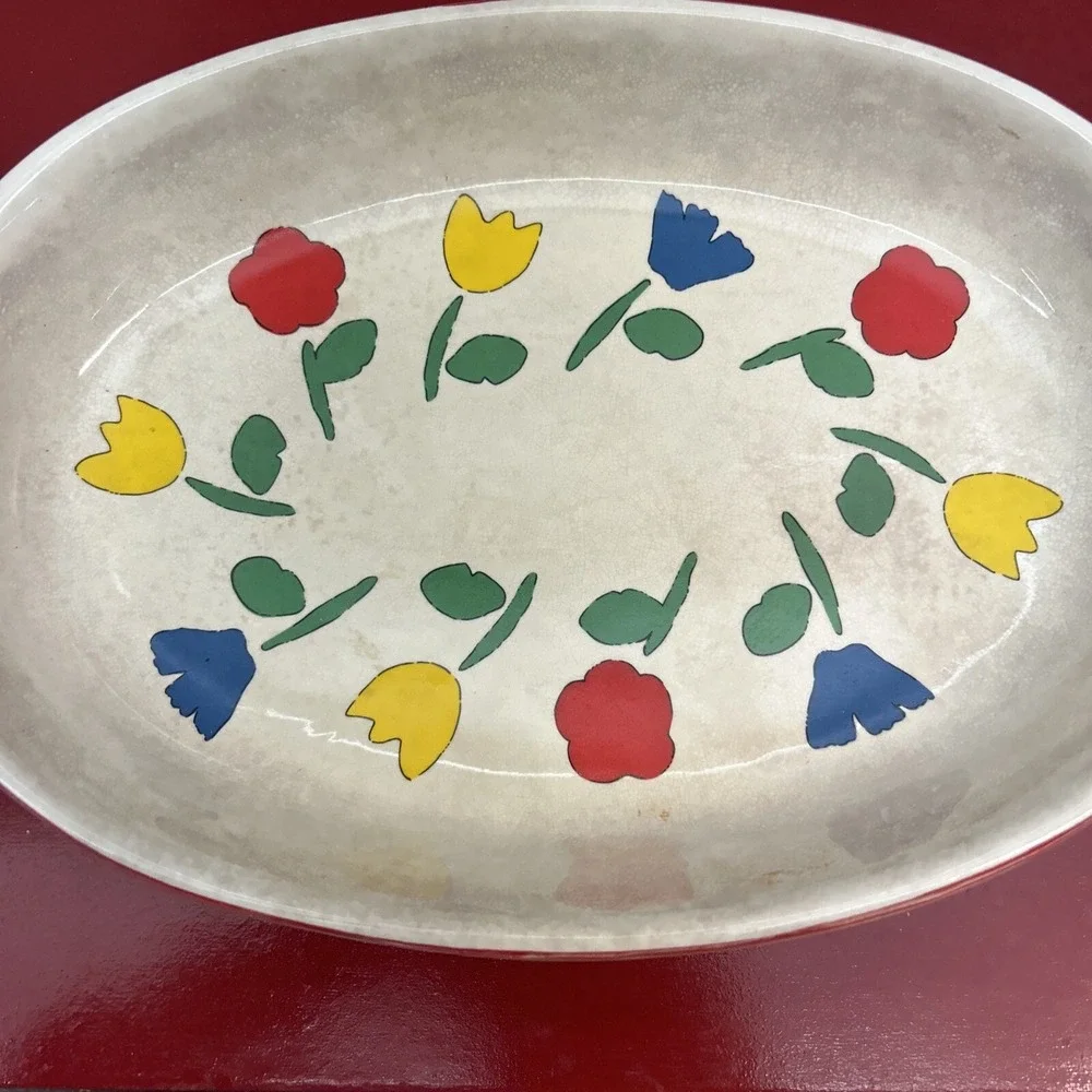 Handcrafted Tulip Blossoms on Ceramic Oval Platter Baking Dish With Stand 80's‎